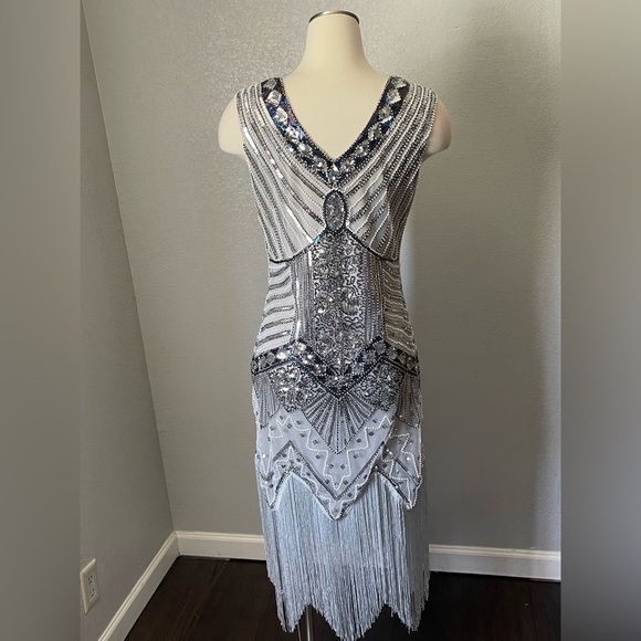 Silver Sequin Embellished V-Neck Sheath Dress for Prom - Picture 4 of 5